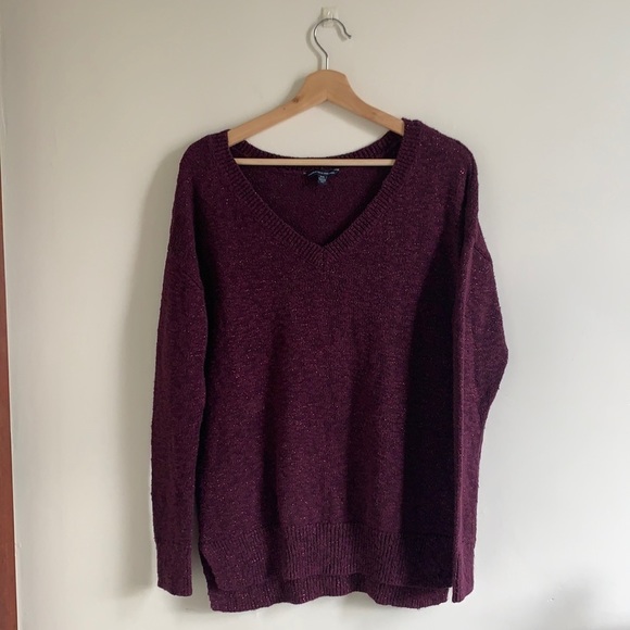 American Eagle Outfitters Purple Shimmer V-Neck Sweater - Picture 2 of 10